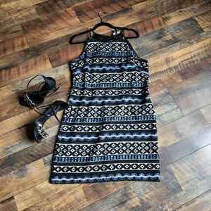 White House Black Market Black and Blue Patterned Dress
